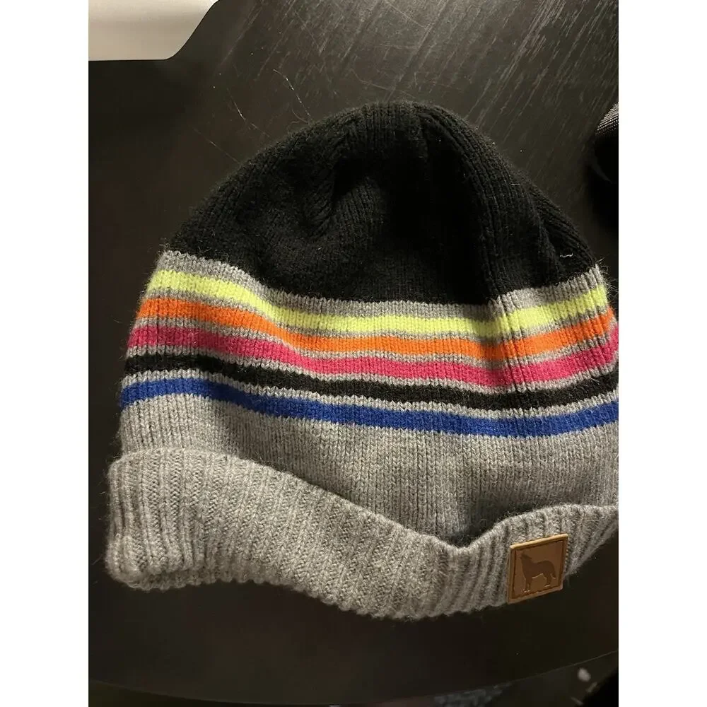 Wonder Nation Knit Beanie Hat Striped Rainbow Cuff Logo Patch Lined Gray Black